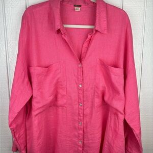 Magaschoni Women’s XL Pink Button Down Long Sleeve Linen Shirt